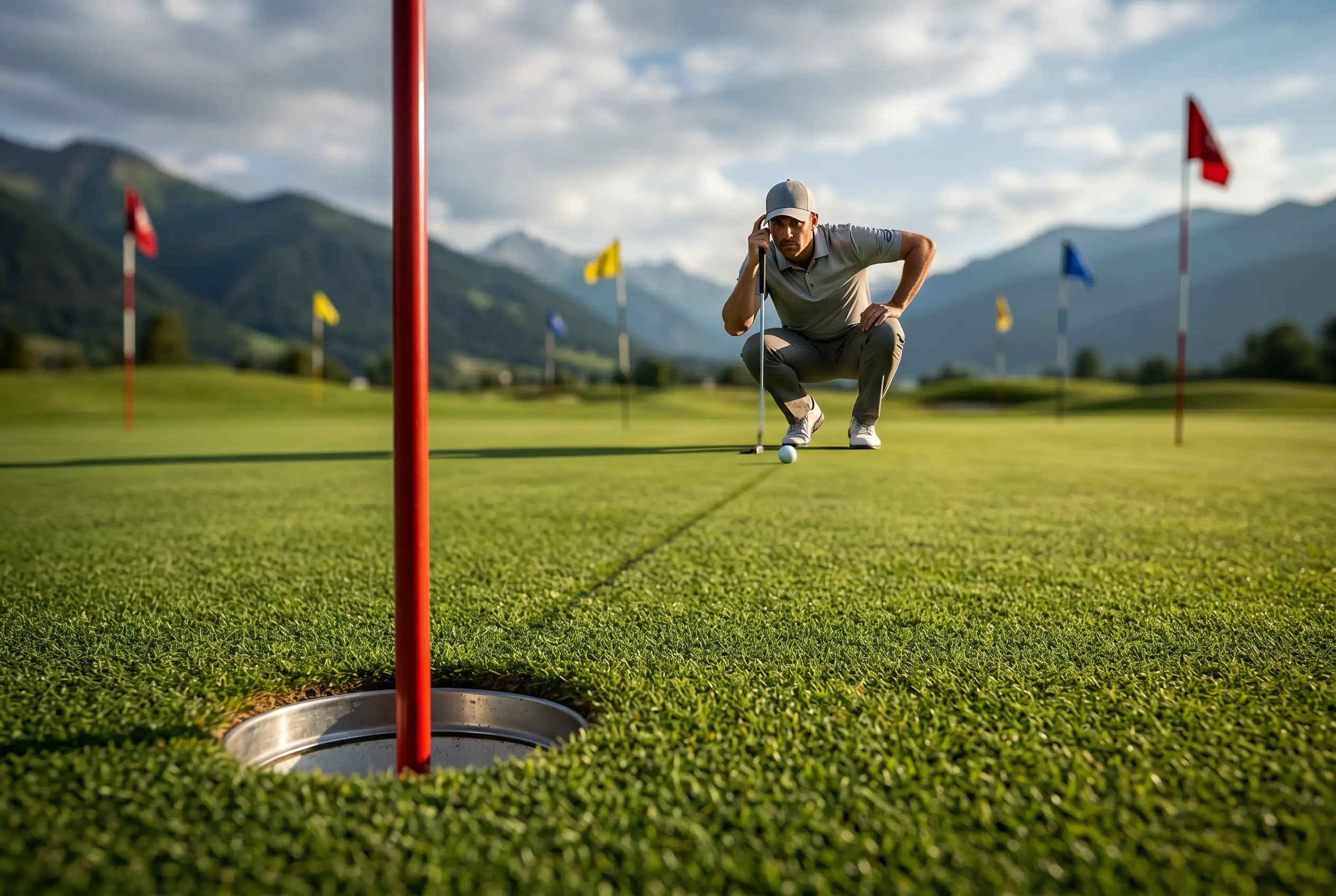 Golfer auf dem Gruen mit Quotentafel und Vergleichssymbolik
