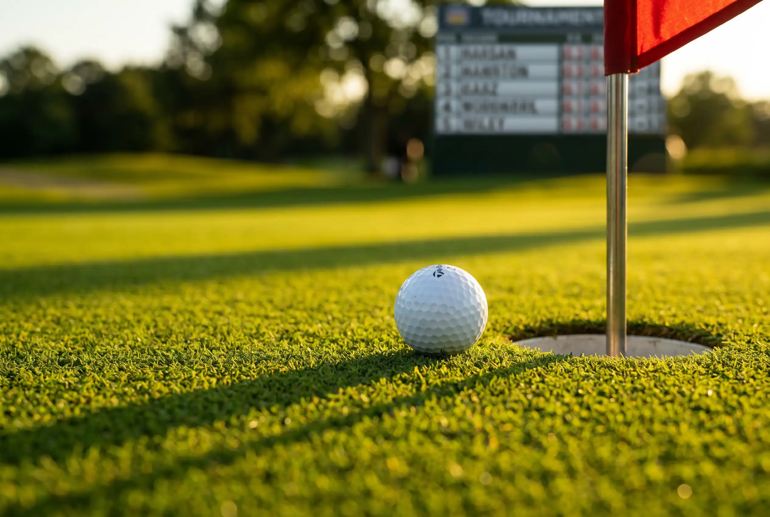 Golfball auf dem Gruen neben der Fahne mit Wettschein-Symbolik