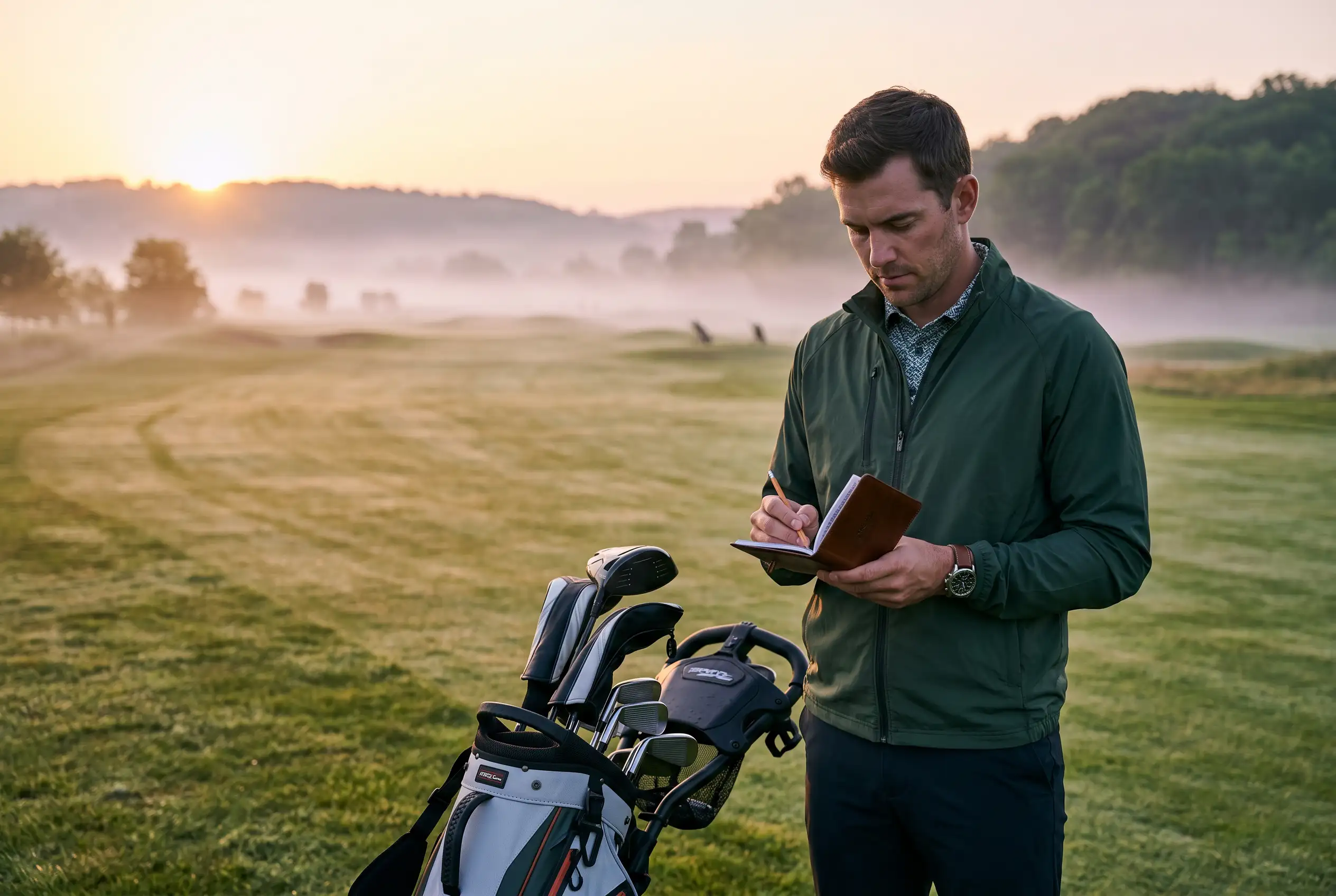 Golfer analysiert Statistiken auf dem Fairway vor einem Turnierplatz