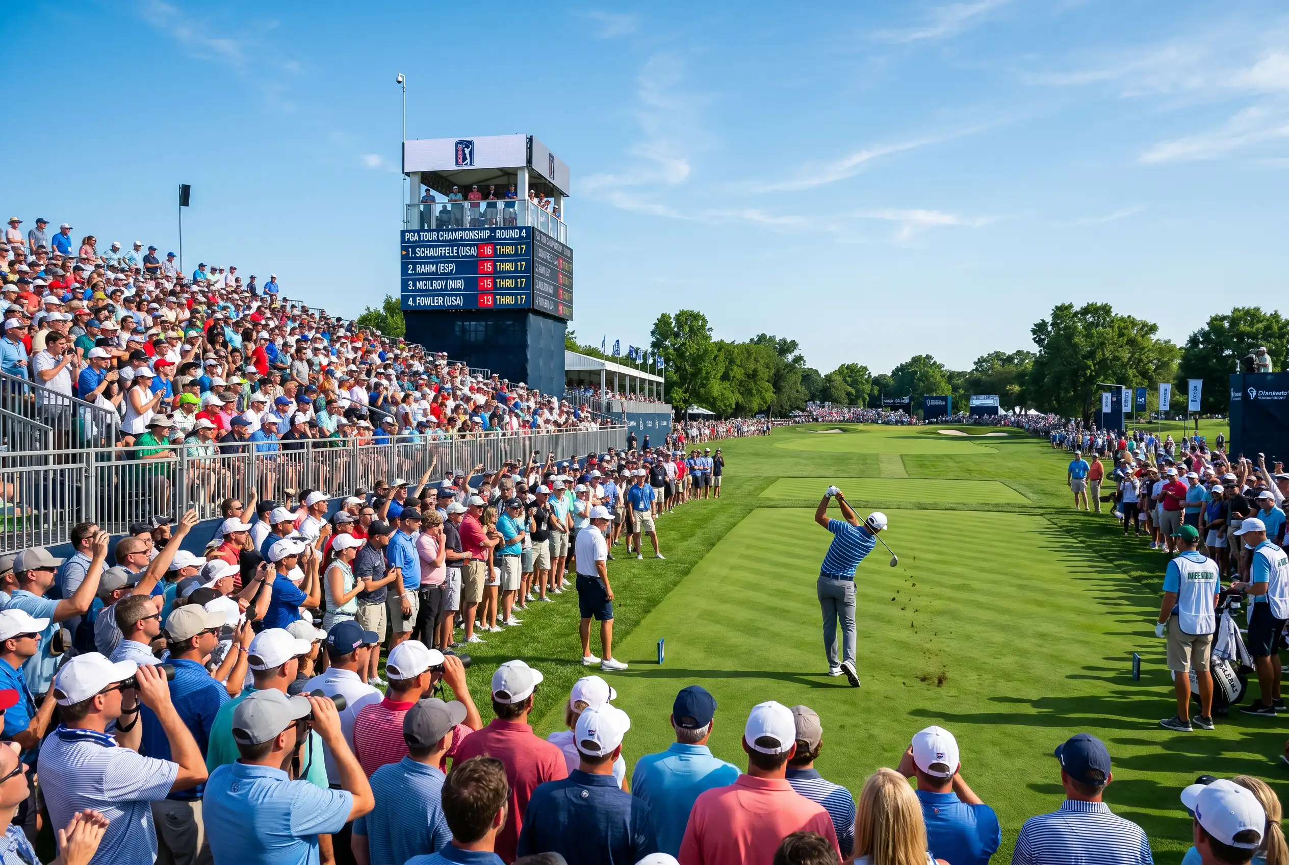 "Golfturnier mit Zuschauern am Fairway und Leaderboard im Hintergrund